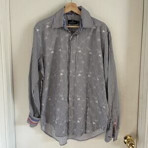 Bugatchi Uomo Longsleeve Dress Shirt Mens Sz M Embroidered Floral Blue Striped